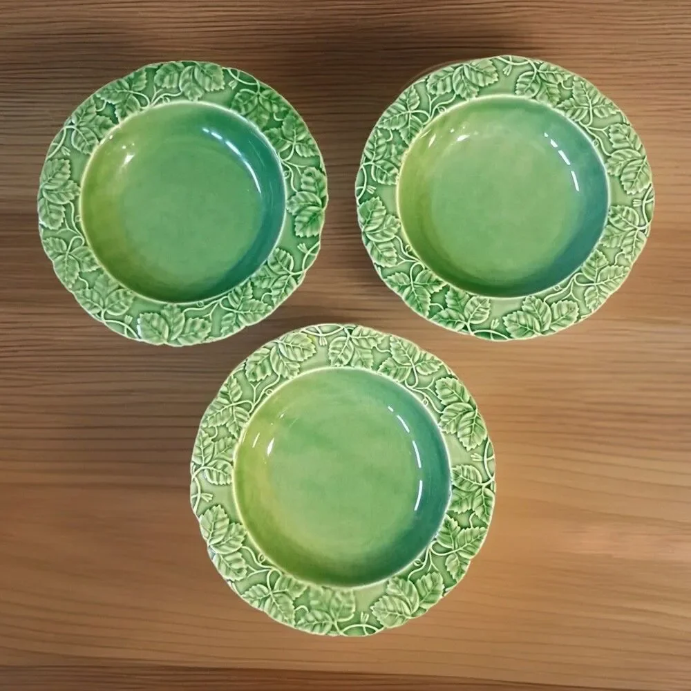 Pier 1 Imports Set of 3 Green Strawberry Leaves Bowls 8.25” Portugal Pottery